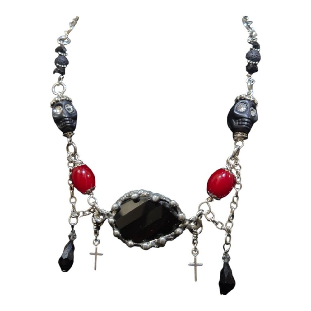 Dark Romance Gothic Necklace: Faceted Black Onyx Pendant w Skull & Cross Charms - Picture 4 of 13
